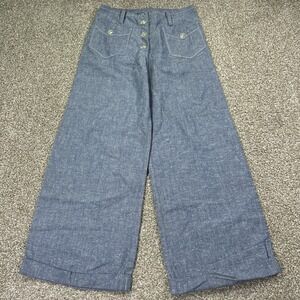 60s Wide Leg Bell Bottom Chambray Pant Double Front Pocket Button Fly Rockabilly